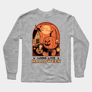 Long Live Halloween - Retro Vintage Halloween Pumpkin Cat Long Sleeve T-Shirt